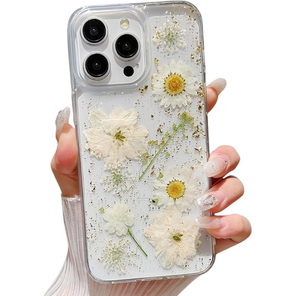 for iPhone 16 Pro Max Case Floral, Cute Pressed Real Flowers Clear Glitter Sparkle Design Women Girls Soft Silicone Aesthetic Phone Case for iPhone 16 Pro Max 6.9 inch (Yellow)