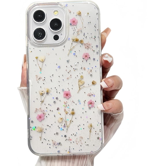 for iPhone 16 Pro Max Case Floral, Cute Pressed Real Flowers Clear Glitter Sparkle Design Women Girls Soft Silicone Aesthetic Phone Case for iPhone 16 Pro Max 6.9 inch (Pink)