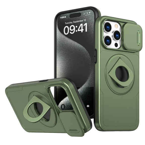 for iPhone 16 Pro Max Case, Frosted PC Compatible with MagSafe Built-in 360 Rotatable Invisible Kickstand Sliding Window Camera Cover Military Grade Protection Case for iPhone 16 Pro Max, Olivegreen