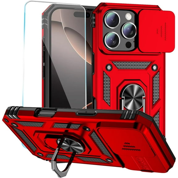 for iPhone 16 Pro Max Case with HD Screen Protector & Slide Camera Cover & Rotated Ring Kickstand, [Military-Grade] Phone Case for iPhone 16 Pro Max (6.9‘’(Red)