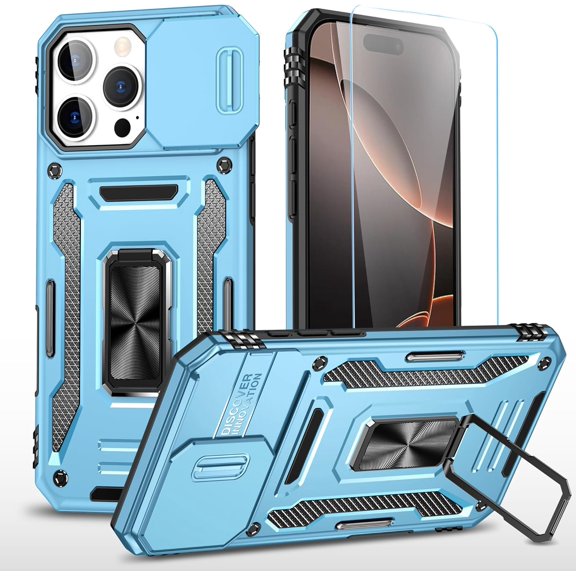 for iPhone 16 Pro Max Case with HD Screen Protector & Slide Camera Cover & Rotated Ring Kickstand, [Military-Grade] Phone Case for iPhone 16 Pro Max (6.9‘’(Z_NavyBlue)