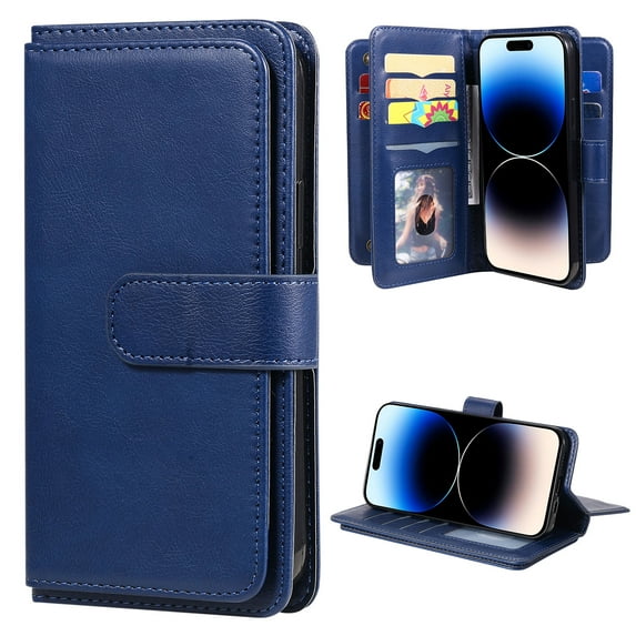 for iPhone 16 Pro Max Case, Heavy Duty Protection Wallet with Magnetic Case, 10 Card Slots, 2 in 1 Folio Flip Premium PU Leather Wallet Kickstand Case for iPhone 16 Pro Max - Darkblue