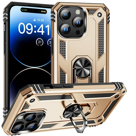 For iPhone 16 Pro Max Case ,Heavy Duty Shockproof Body Phone Cover Built in Metal Rotated Magnetic Ring Holder Kickstand,Dustproof,Anti-Scratch,Dual Layer Military-Grade Drop protection,Gold