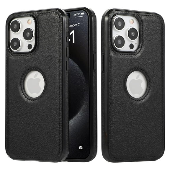 iPhone 16 Pro Max Case with Logo Hole, Premium PU Leather + TPU Slim Fit Shockproof Anti-Scratch Heavy Duty Protection Rugged Phone Case for Apple iPhone 16 Pro Max, Black