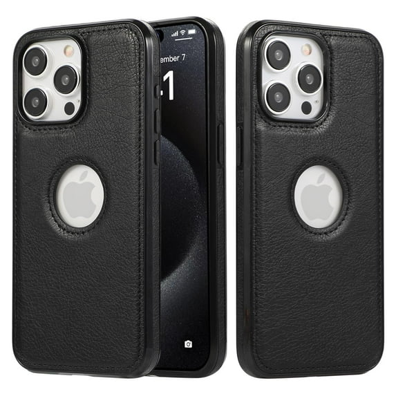 iPhone 16 Pro Max Case with Logo Hole, Premium PU Leather + TPU Slim Fit Shockproof Anti-Scratch Heavy Duty Protection Rugged Phone Case for Apple iPhone 16 Pro Max, Black