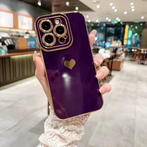 for iPhone 16 Pro Max Case Luxury for Women Girls Cute Love Heart Pattern Plating Shockproof Raised Full Camera Lens Protection Cover Anti-Scratch Phone Case for iPhone 16 Pro Max,Darkpurple