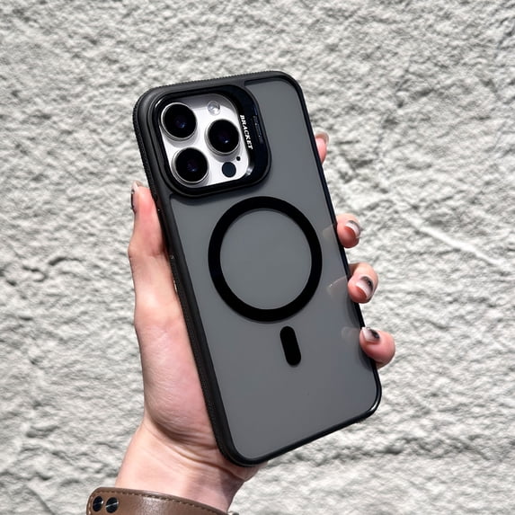 for iPhone 16 Pro Max Case Magnetic Phone Case Compatible with Mag-Safe with Lens Stand, TPU Bumper Hard PC Translucent Back Slim Shockproof Protective Case Cover for iPhone 16 Pro Max, Black
