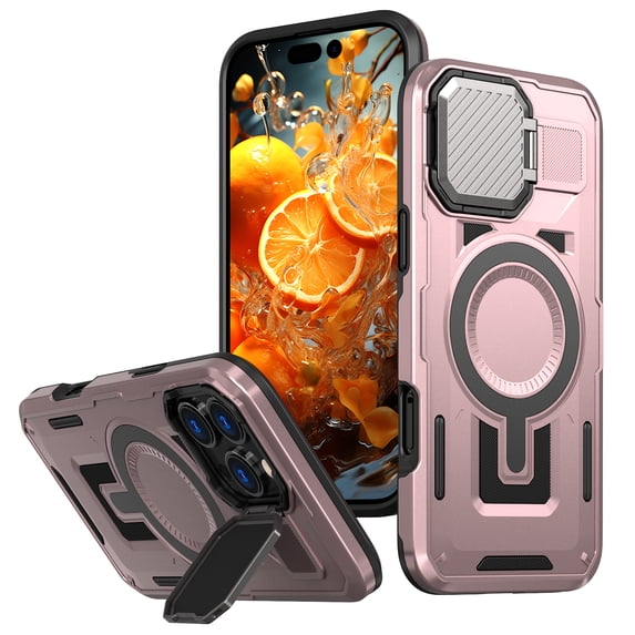 for iPhone 16 Pro Max Case with Metal Camera Cover Kickstand, Compatible with MagSafe Military-Grade Protection Heavy Duty Magnetic Anti-Fall Rugged Phone Cover for iPhone 16 Pro Max, Rosegold