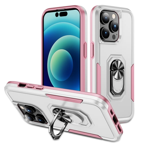 for iPhone 16 Pro Max Case Protective Cover,Heavy Duty Military Grade Hard Protection Shock Proof Grip | Durable Dual-Layer Design Phone Case with Built-in 360 Ring Holder Kickstand,White+Pink