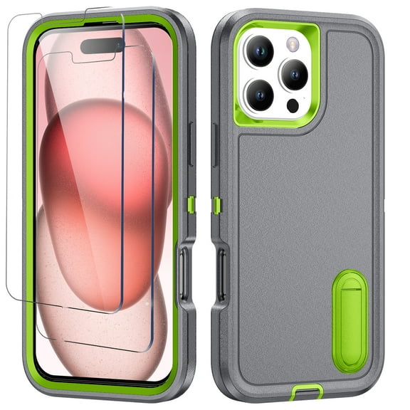 For iPhone 16 Pro Max Case With Screen Protector(2pcs) Military Grade Dual Layer Shockproof Phone Case Build With Kickstand Dustproof Drop Proof Protective Cover for iPhone 16 Pro Max 6.9"(Gray/Green)