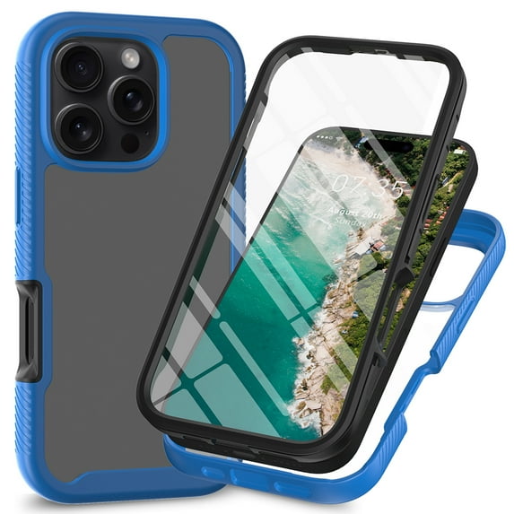 for iPhone 16 Pro Max Case with Screen Protector, Shockproof Soft TPU Bumper Rugged Clear Hard PC Back Shell Anti-Scratch All-inclusive Cover for iPhone 16 Pro Max, Deep Blue