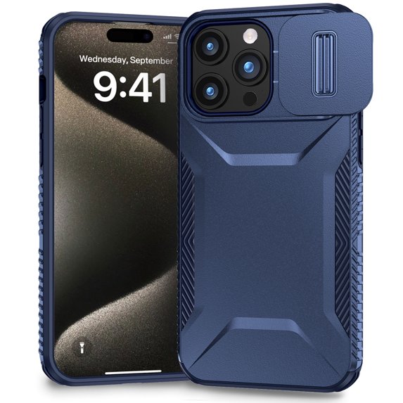 for iPhone 16 Pro Max Case, Sliding Camera Lens Protective Cover Case, Shockproof Hard PC & TPU Edge Military Grade Dual-Layers Protection Non-Slip Phone Case for iPhone 16 Pro Max, Blue