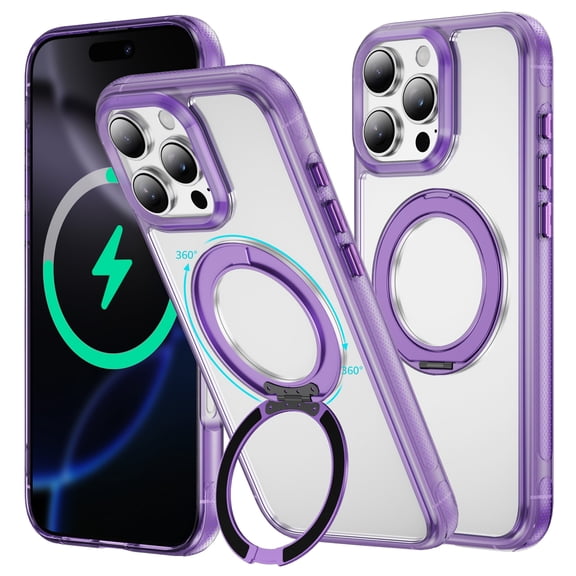 iPhone 16 Pro Max Case with Stand, 360 Magnetic Ring Stand, Military-Grade Protection [Compatible with MagSafe] Shockproof Case for iPhone 16 Pro Max Slim Cover Adjustable Foldable Kickstand, Clear