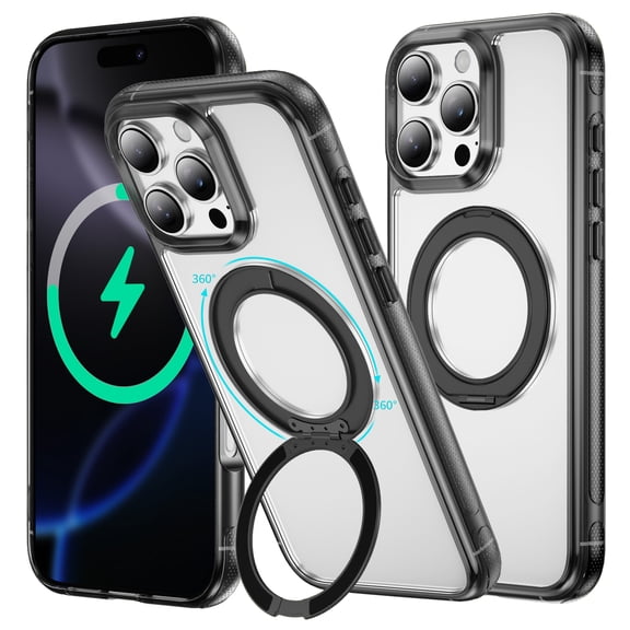 iPhone 16 Pro Max Case with Stand, 360 Magnetic Ring Stand, Military-Grade Protection [Compatible with MagSafe] Shockproof Case for iPhone 16 Pro Max Slim Cover Adjustable Foldable Kickstand, Clear