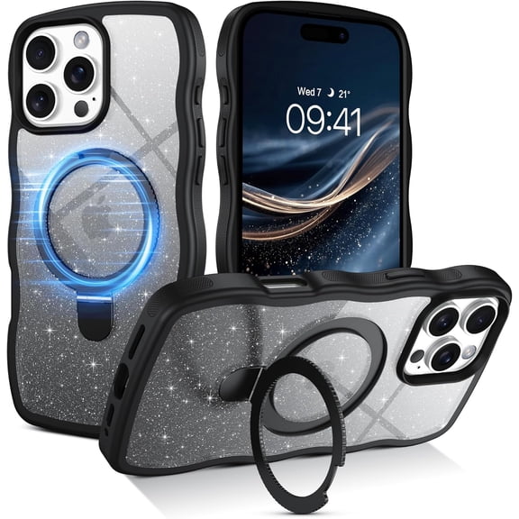 for iPhone 16 Pro Max Case with Stand, Clear Crystal Glitter Cute Curly Wavy 16 ProMax Phone Case Compatible with MagSafe, Magnetic Ring Kickstand Shockproof Anti-Slip Cover, Black Glitter