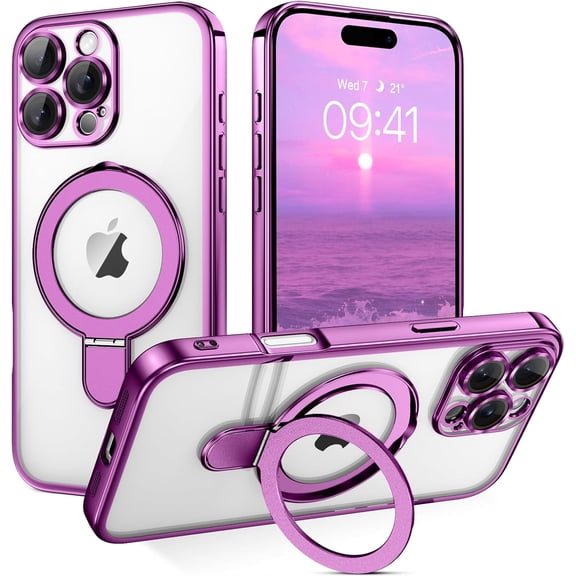for iPhone 16 Pro Max Case with Stand, Magnetic Clear Cases Plating Edge Invisible Ring Holder Slim Shockproof Protective Kickstand Phone Case for iPhone 16 Pro Max 6.9'', Mulberry