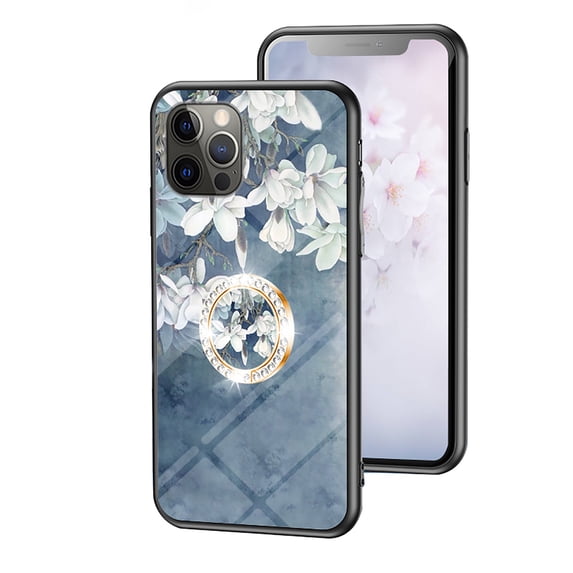 for iPhone 16 Pro Max Case with Tempered Glass Back for Women Girls, Cute Floral Patterned Design with 360° Fring Ring Grip Kickstand Holder Shock Proof Heavy-Duty Protection Cover,Blue