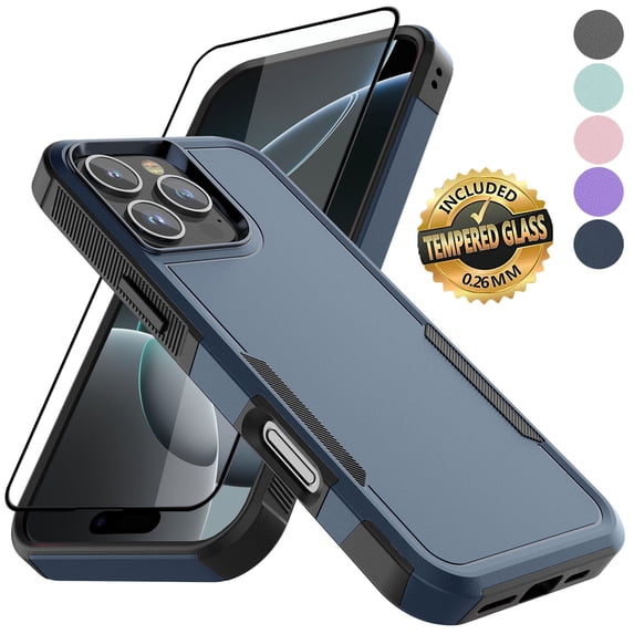 For iPhone 16 Pro Max Case with Tempered Glass Screen Protector, Tekcoo Dual Layer Shockproof Hybrid Protective Phone Case Heavy Duty Military Grade Rugged Cover for Apple iPhone 16 Pro Max - Blue