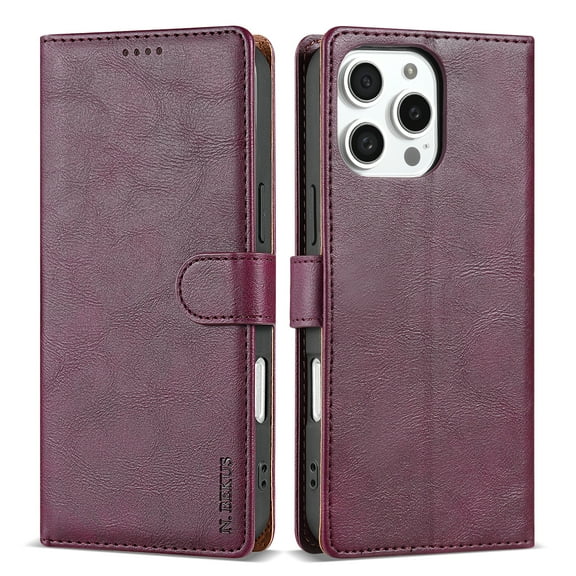 for iPhone 16 Pro Max Case Wallet,3 Card Slots Holder [RFID Blocking] Soft PU Leather Cover,Shockproof Protective Magnetic Flip Stand Solid Color Business Style Luxury Cases,Winered