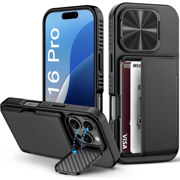 for iPhone 16 Pro Max Case Wallet, Built-in Card Holder (4-5 Cards), Slide Lens Cover, Military Drop Protection, Rugged Heavy Duty Men Women Protective Phone Case for iPhone 16 Pro Max, Black