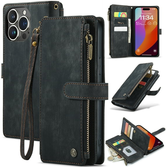 for iPhone 16 Pro Max Case, Wallet Case with Card Holder Kickstand Magnetic Zipper Pocket Lanyard Strap Wristlet,Leather Flip Case Wallet for iPhone 16 Pro Max, Black