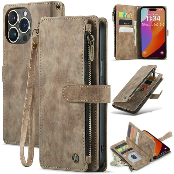 for iPhone 16 Pro Max Case, Wallet Case with Card Holder Kickstand Magnetic Zipper Pocket Lanyard Strap Wristlet,Leather Flip Case Wallet for iPhone 16 Pro Max, Brown
