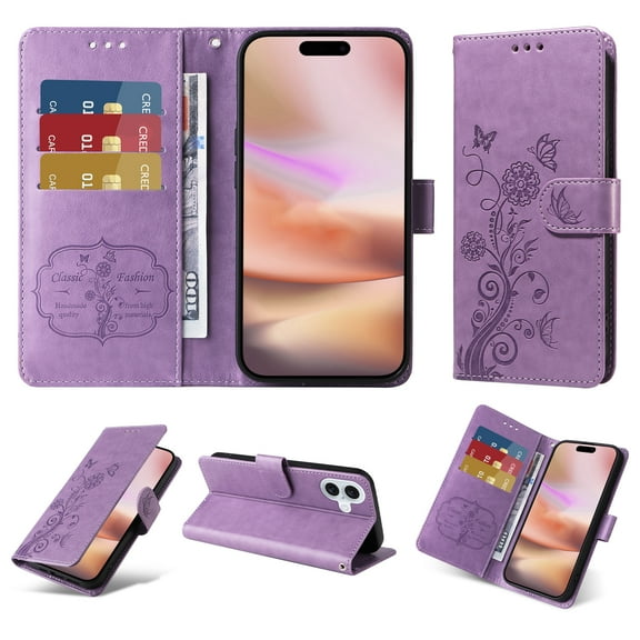 For iPhone 16 Pro Max Case Wallet, Stylish Flower Butterfly Embossed PU Leather Flip Cover Stand Shockproof Cards Slots Hand Wrist Phone Case for Apple iPhone 16 Pro Max, Purple