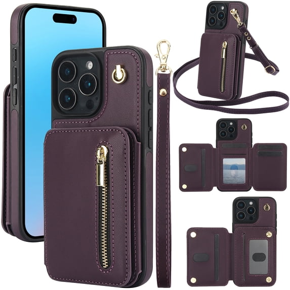 for iPhone 16 Pro Max Case Wallet for Women, Removable Adjustable Shoulder Strap Flip PU Leather Slim Back Zipper Purse Case with Card Slot Holder Stand RFID Blocking Magnetic Buttons, Purple