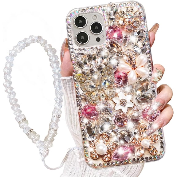 for iPhone 16 Pro Max Case with Wrist Strap Women Luxury 3D Bling Shiny Rhinestone Diamond Crystal Pearl Handmade Flowers Soft Protective Glitter Case for iPhone 16 Pro Max (Silver)