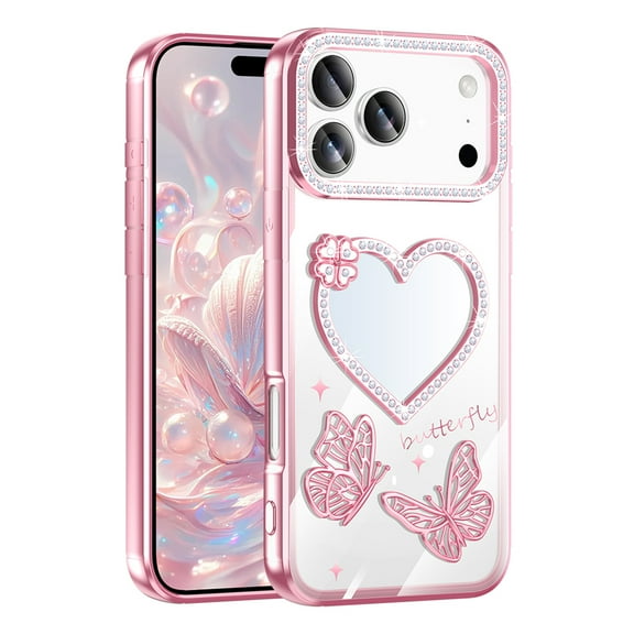 for iPhone 16 Pro Max Clear Back Case, Luxury Diamond Plating Butterfly Floral Ultra Slim Shock-Absorbent Flexible Lightweight Non-Slip Heart Makeup Mirror Protective Women Girls Cover, Pink