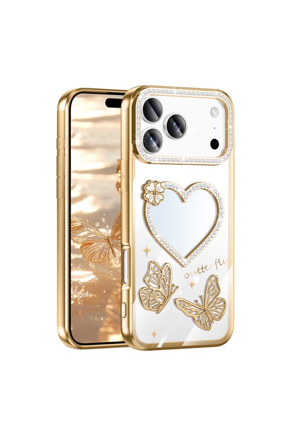 for iPhone 16 Pro Max Clear Back Case, Luxury Diamond Plating Butterfly Floral Ultra Slim Shock-Absorbent Flexible Lightweight Non-Slip Heart Makeup Mirror Protective Women Girls Cover, Gold