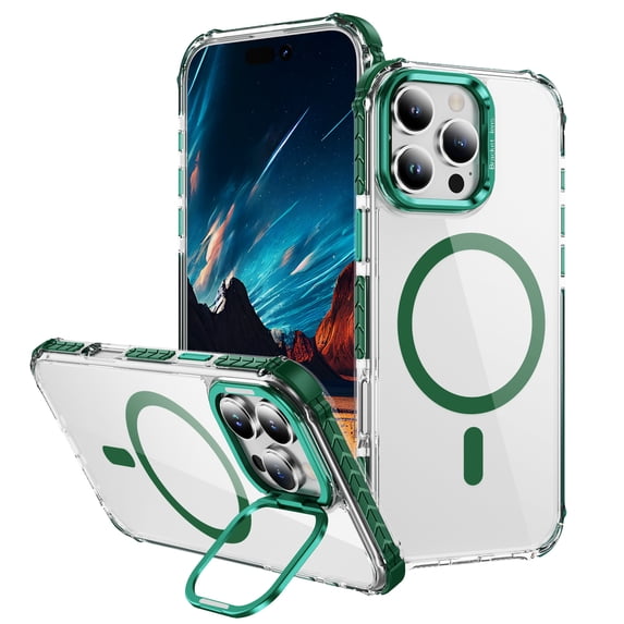 for iPhone 16 Pro Max Clear Case, Compatible with MagSafe, Built-in Camera Ring Stand, Clear Slim Drop Shockproof Full Body Protective Magnetic Phone Case Cover for iPhone 16 Pro Max, Green