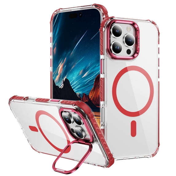 for iPhone 16 Pro Max Clear Case, Compatible with MagSafe, Built-in Camera Ring Stand, Clear Slim Drop Shockproof Full Body Protective Magnetic Phone Case Cover for iPhone 16 Pro Max, Red