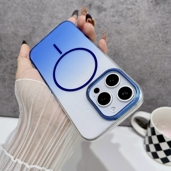 for iPhone 16 Pro Max Clear Glitter Case with Gradient Color, Luxury Magnetic Back Compatible with MagSafe, Support Wireless Charging PC Protective Cover, Lightweight & Anti-Scratch, Blue