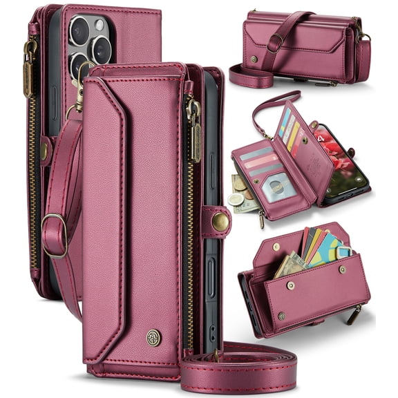 For iPhone 16 Pro Max Crossbody Wallet Case, with 10 Card Slots, Zipper RFID Blocking Pocket and Magnetic Flip Folio 3-in-1 PU Leather Wristlet Shoulder Strap Case,Hotpink