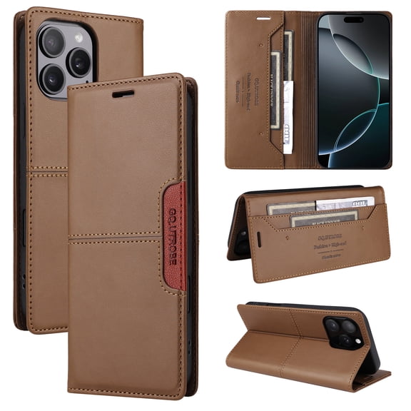 For iPhone 16 Pro Max Flip Wallet Phone Case,[RFID Blocking]PU Leather Magnetic Folio Cover,With Card Slots,Flip Folding Kickstand,Shockproof TPU Anti-fall Rugged Phone Case Cover,Brown