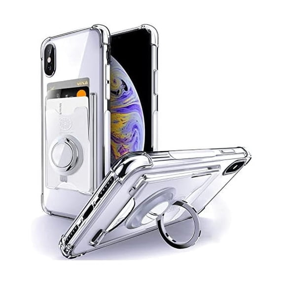 YJJSKKEJI Designed for iPhone X Case/iPhone Xs Case, Minimalist Wallet Case with Card Holder [3 Cards] & Ring Kickstand/Stand, [Drop Protection] Slim Protective Cover for Apple iPhone X/Xs - Clear