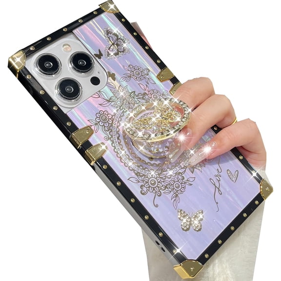 for iPhone 16 Pro Max Glitter Butterfly Kickstand Case,Cute Luxury Bling Sparkly with Ring Stand Elegant Floral TPU Shockproof Protective Case for Women Girl for iPhone 16 Pro Max 6.9",Purple