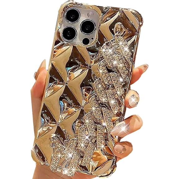 for iPhone 16 Pro Max Glitter Diamond Case with Wrist Strap Loop, Cute Bling Rhinestones Sparkle Shiny Soft Silicone Shockproof Women Girls Protective Case for iPhone 16 Pro Max 6.9" (Gold)
