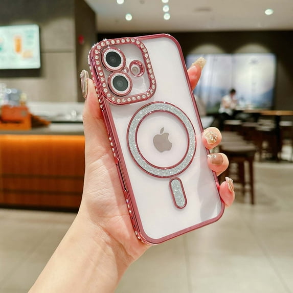 For iPhone 16 Pro Max Glitter Phone Case,Compatible with Magsafe,Luxury Bling Sparkly Rhinestones with Lens Film,Diamond-set Fram Design,Shockproof Anti-fall Transparent Phone Case,Pink