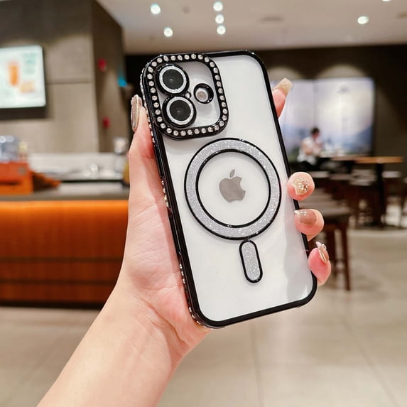 For iPhone 16 Pro Max Glitter Phone Case,Compatible with Magsafe,Luxury Bling Sparkly Rhinestones with Lens Film,Diamond-set Fram Design,Shockproof Anti-fall Transparent Phone Case,Black