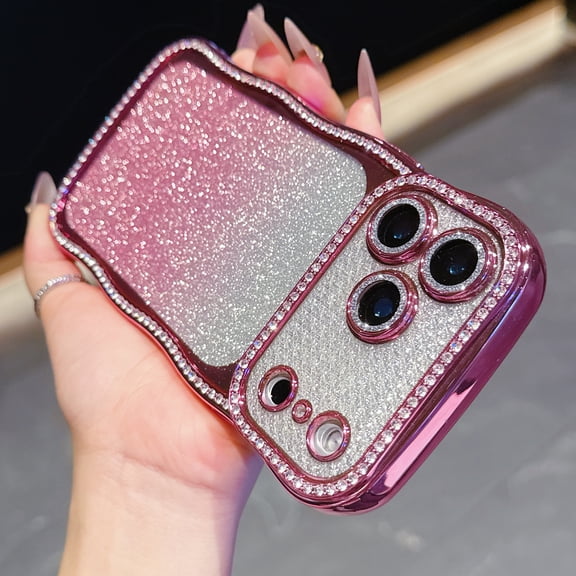 for iPhone 16 Pro Max Glitter Wave Case, Electroplated Gradient Diamond Protective Cover with Lens Protector, Wireless Charging Compatible for Girls Women, Pink