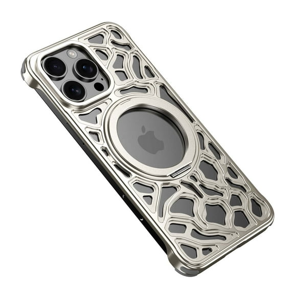 for iPhone 16 Pro Max Heat Dissipation Case,Frameless Metal with Stand,Irregular Rock Inspired Designing,360°Rotating Ring Kickstand Protective Cover,Slim Shockproof Thin Bumper Case,Titanium