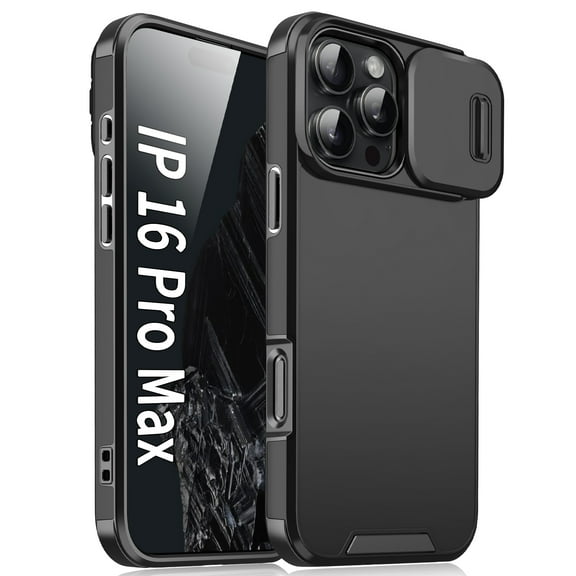 for iPhone 16 Pro Max Heavy Duty Case with Camera Sliding Cover, Support Wireless Charging Hybrid TPU & PC Smoothly Anti-Fingerprint Slim Case Compatible with iPhone 16 Pro Max, Black