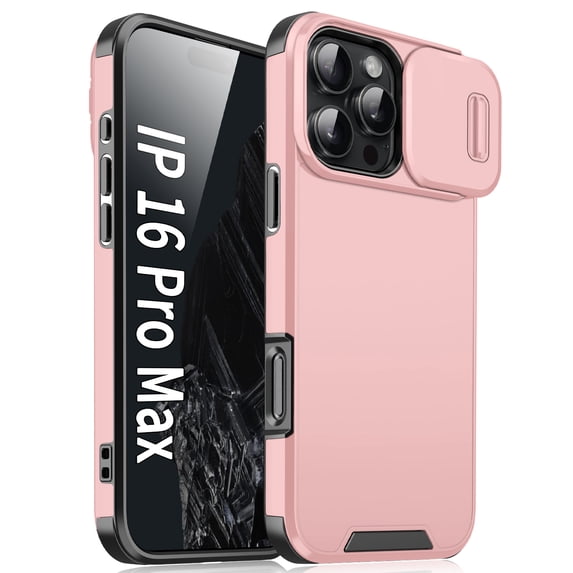 for iPhone 16 Pro Max Heavy Duty Case with Camera Sliding Cover, Support Wireless Charging Hybrid TPU & PC Smoothly Anti-Fingerprint Slim Case Compatible with iPhone 16 Pro Max, Pink