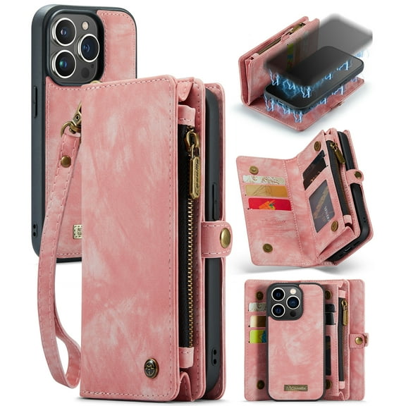 iPhone 16 Pro Max Leather Detachable Wallet Zipper Case with 8 Card Slots Holder Magnetic case for iPhone 16 Pro Max Flip Wallet Handle Wrist Strap Shockproof Pocket Handbag,
Pink