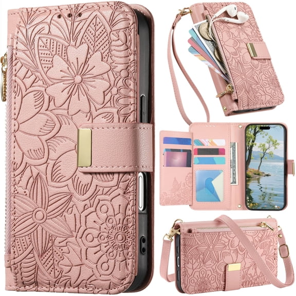 for iPhone 16 Pro Max Leather Phone Case Zipper Wallet Handbag, Embossed Floral Folio Flip Cover Kickstand, 2 Layer Card Slot Cash Holder, Magnetic Buckle, Shoulder Wrist Strap