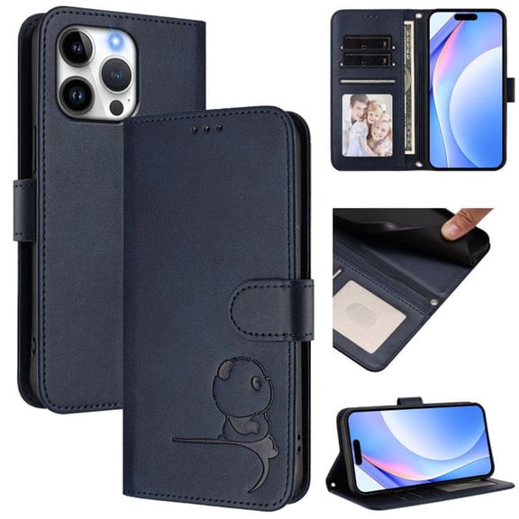 For iPhone 16 Pro Max Litter Panda Embossing Leather Phone Case with RFID Blocking Card Slot Wallet Magnetic Clasp Lanyard Flip Stand Case,Blue,For iPhone 16 Pro Max