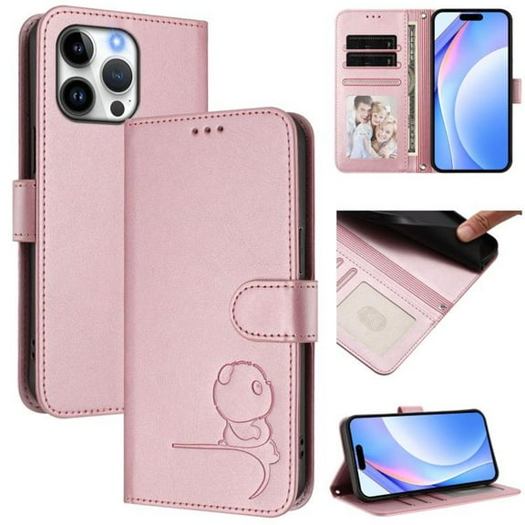 For iPhone 16 Pro Max Litter Panda Embossing Leather Phone Case with RFID Blocking Card Slot Wallet Magnetic Clasp Lanyard Flip Stand Case,Pink,For iPhone 16 Pro Max
