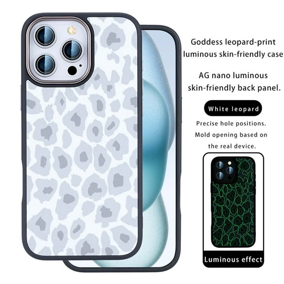For iPhone 16 Pro Max Luminous Phone Case,Leopard Pattern Designing,for Women Girls Soft TPU Bumper Hard PC Back,Shockproof Rugged Anti-fall Ultra Slim Skin Feeling Phone Case,White